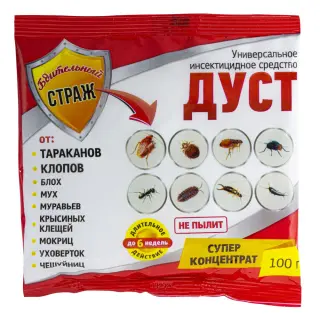 Бдительный Страж дуст от клопов, тараканов, блох, муравьев, мокриц, мух, чешуйниц, 100 г