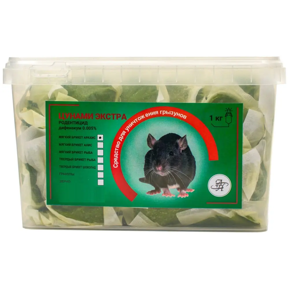 Цунами Экстра приманка от грызунов, крыс и мышей (мягкие брикеты) (арахис), 1 кг