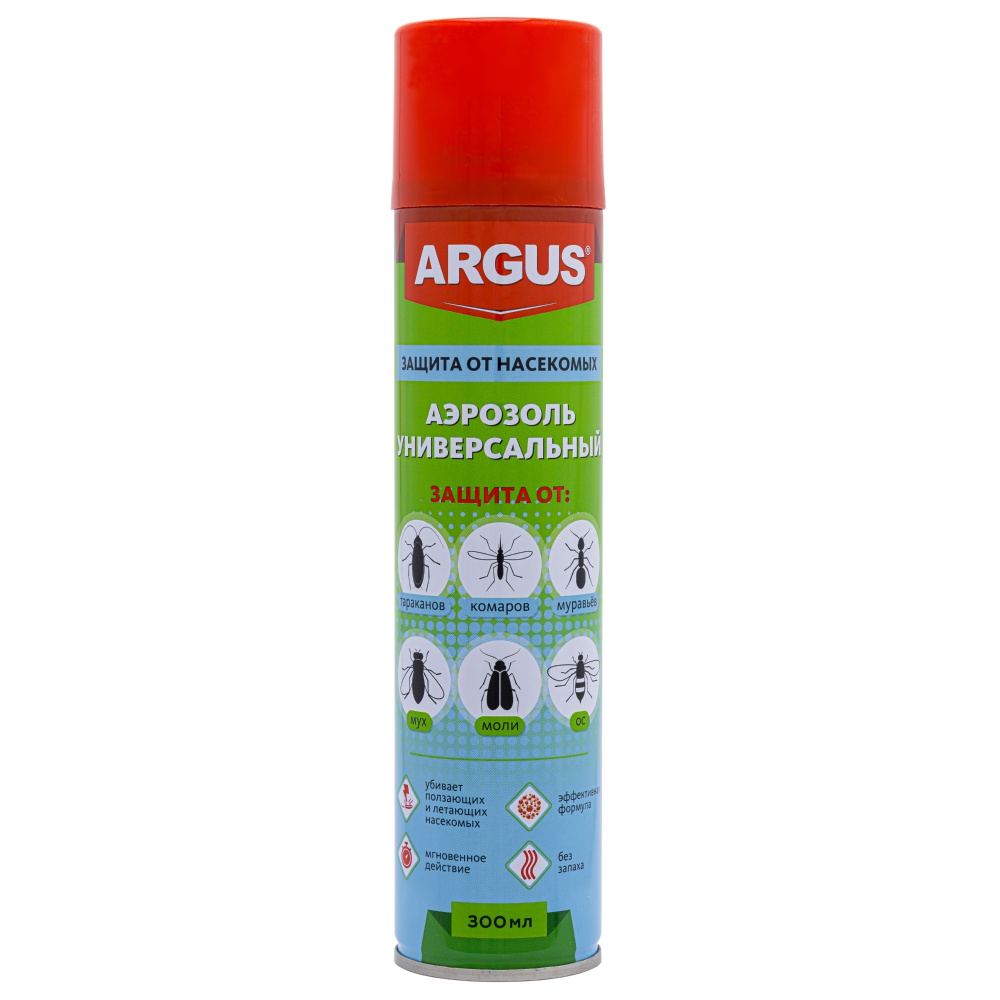 Argus (Аргус) аэрозоль от тараканов, муравьев, мух, комаров, ос, кожеедов (без запаха), 300 мл