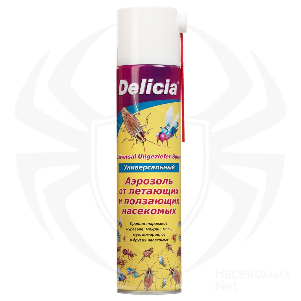 Delicia (Делиция) универсальный аэрозоль от тараканов, блох, муравьев, мух, комаров, мокриц, моли, 400 мл
