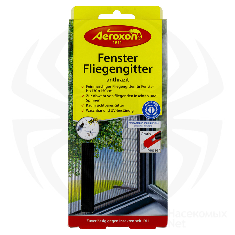 Aeroxon (Аэроксон) Fenster Fliegengitter противомоскитная сетка для окон в комплекте с ножом и клейкой лентой, черная 130x150 см, 1 шт